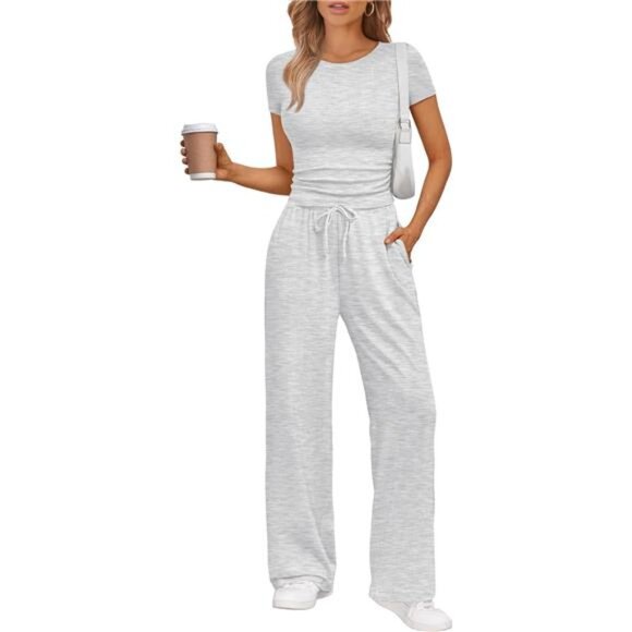 2-Piece Ruching Crop Top Set – Wide Leg Lounge Sweatsuit - Picture 1 of 6